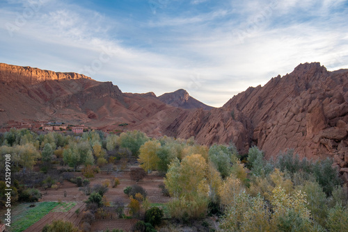 River area at M’Goun Valley – the Valley of the roses, where blossoms are harvested to make Rose Oil and other cosmetic products. Todra gorge and high atlas mountain. 