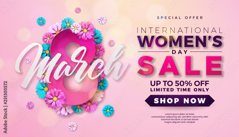 Naklejka premium Womens Day Sale Design with Beautiful Colorful Flower on Pink Background. Vector Floral Illustration Template for Coupon, Banner, Voucher or Promotional Poster.