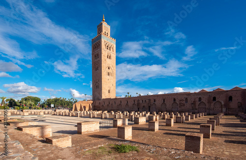View to The Koutoubia Mosque or Kutubiyya Mosque and minaret located at medina quarter of Marrakech , Morocco. The largest in Marrakesh