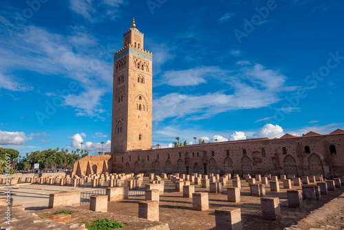View to The Koutoubia Mosque or Kutubiyya Mosque and minaret located at medina quarter of Marrakech , Morocco. The largest in Marrakesh