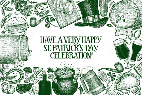 St. Patricks day design template. Vector hand drawn illustrations. Irish vintage background. Can be use for menu cover or packaging.