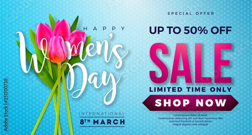 Womens Day Sale Design with Beautiful Colorful Flower on Blue Background. Vector Floral Illustration Template for Coupon, Banner, Voucher or Promotional Poster.