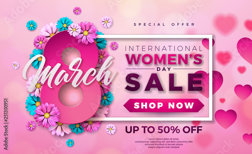 Womens Day Sale Design with Beautiful Colorful Flower on Pink Background. Vector Floral Illustration Template for Coupon, Banner, Voucher or Promotional Poster.