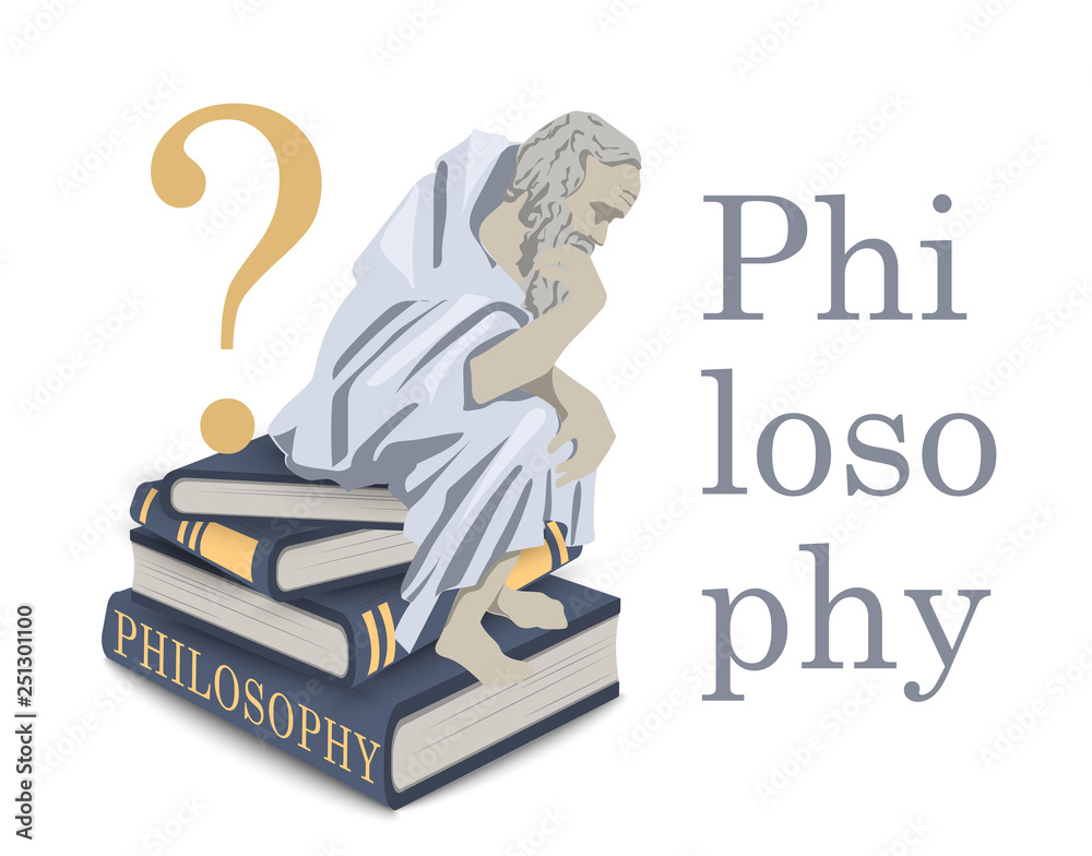Philosophy icon in vector. Illustration with a thinker man on a stack of books. Antique sage philosopher. Emblem, flat illustration. Philosophy icon in vector. Illustration with a thinker man on a stack of books. Antique sage philosopher. Emblem, flat illustration.