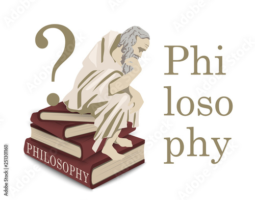 Philosophy icon in vector. Illustration with a thinker man on a stack of books. Antique sage philosopher. Emblem, flat illustration.