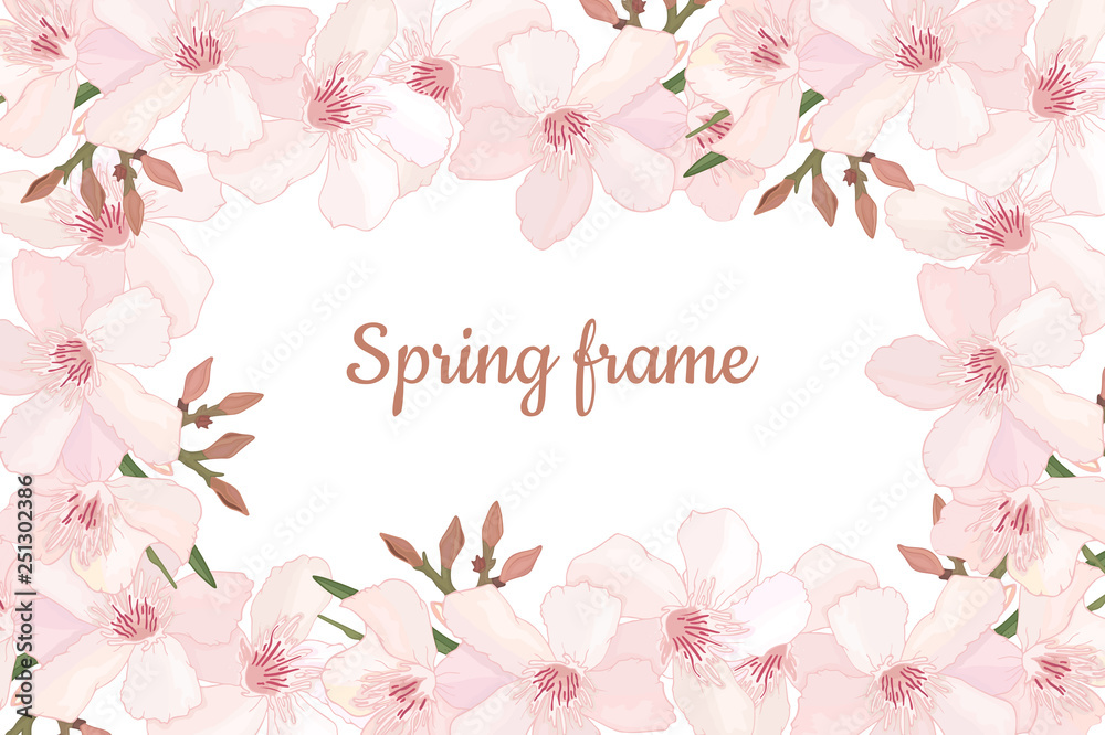 Elegant floral horizontal frame with delicate pink blooming flowers, buds.  Design template for invitation, celebration, wedding or greeting cards with tropical exotic oleander. 