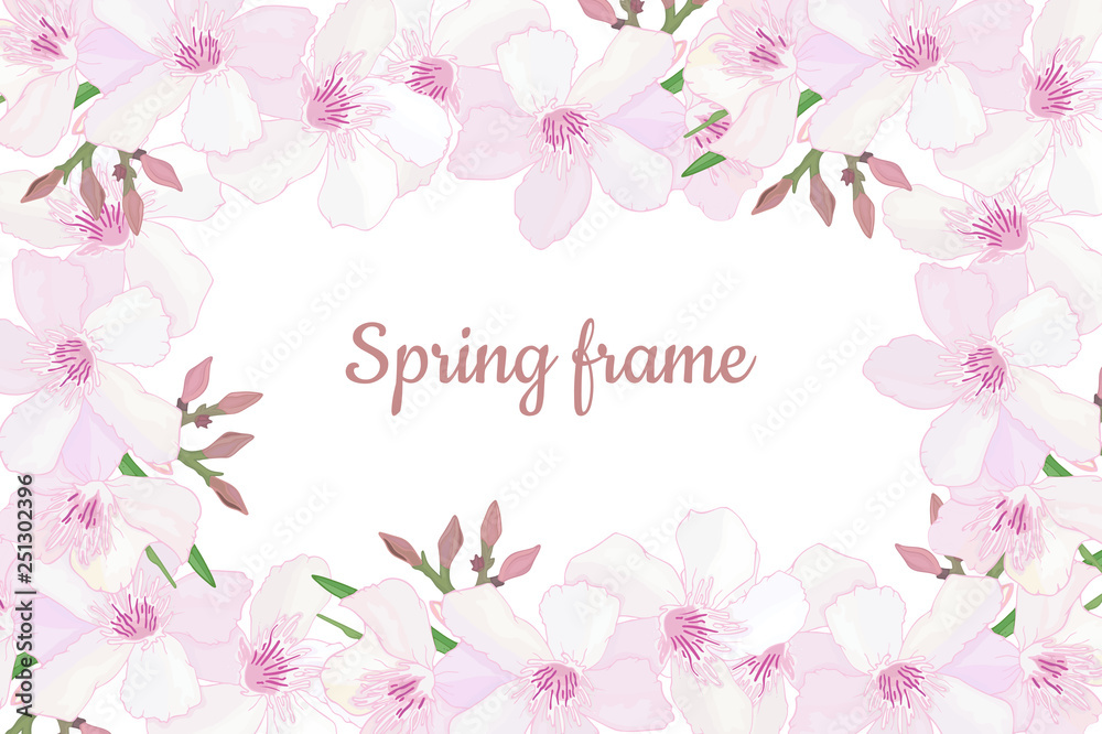 Elegant floral horizontal frame with delicate pink blooming flowers, buds.  Design template for invitation, celebration, wedding or greeting cards with tropical exotic oleander. Vector