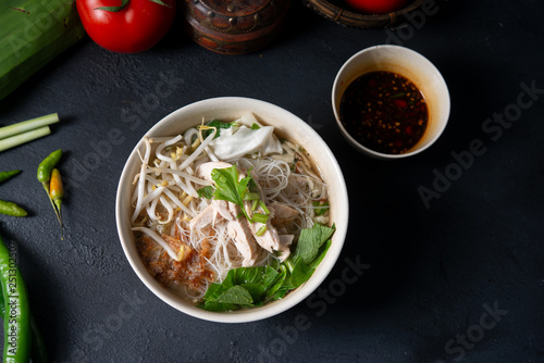 Rice noodles soup and chicken