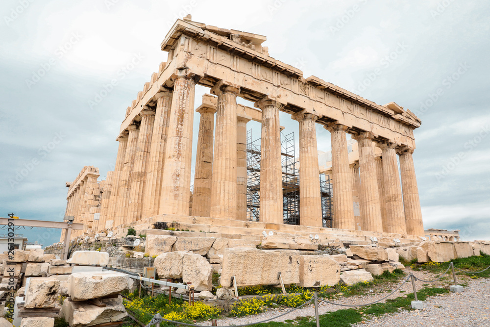 Athens, Greece - February 23, 2019: Eastern facade of the Parthenon temple on the Acropolis of Athens, Greece.