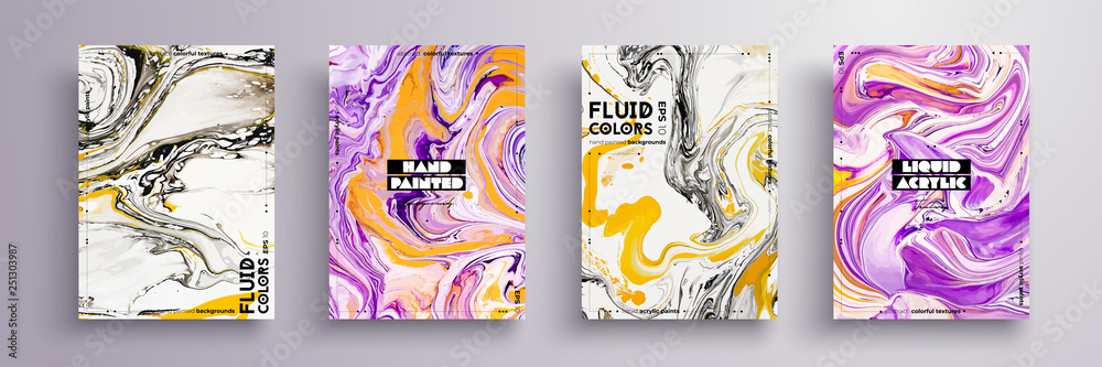 Abstract painting, can be used as a trendy background for wallpaper, poster, invitation, cover and presentation. Fluid art. Liquid marble texture with mixed of acrylic yellow, black, purple paints