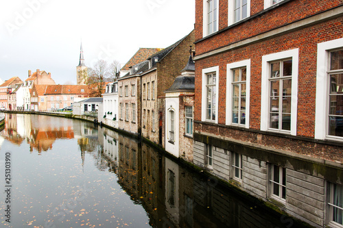 View of the canals and the historic quarter of Brugge early morning