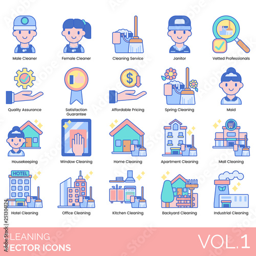 Cleaning icons including male, female cleaner, service, janitor, vetted professional, quality assurance, satisfaction guarantee, affordable pricing, spring, maid, housekeeping, window, home, apartment
