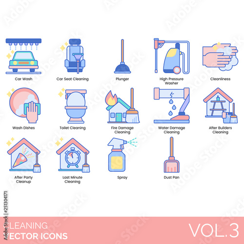 Cleaning icons including car wash, seat, plunger, high-pressure washer, cleanliness, dishes, toilet, fire damage, water, after builders, party, last minute, spray, dustpan.