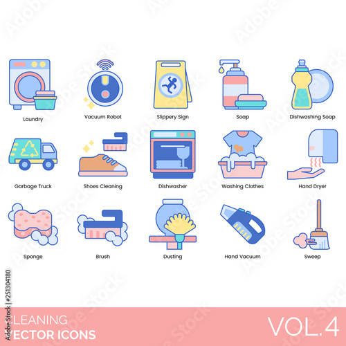 Cleaning icons including laundry, vacuum robot, slippery sign, dishwashing soap, garbage truck, shoes, dishwasher, washing clothes, hand dryer, sponge, brush, dusting, sweep.