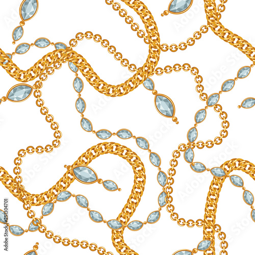 Seamless pattern with golden chains and gem stones.