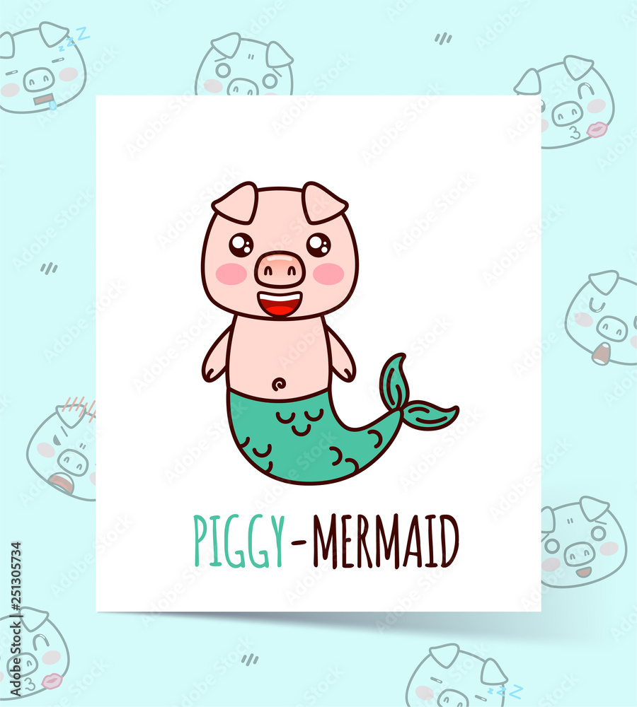 Cute Kawaii piggy-mermaid. Can be used for print on t-shirt