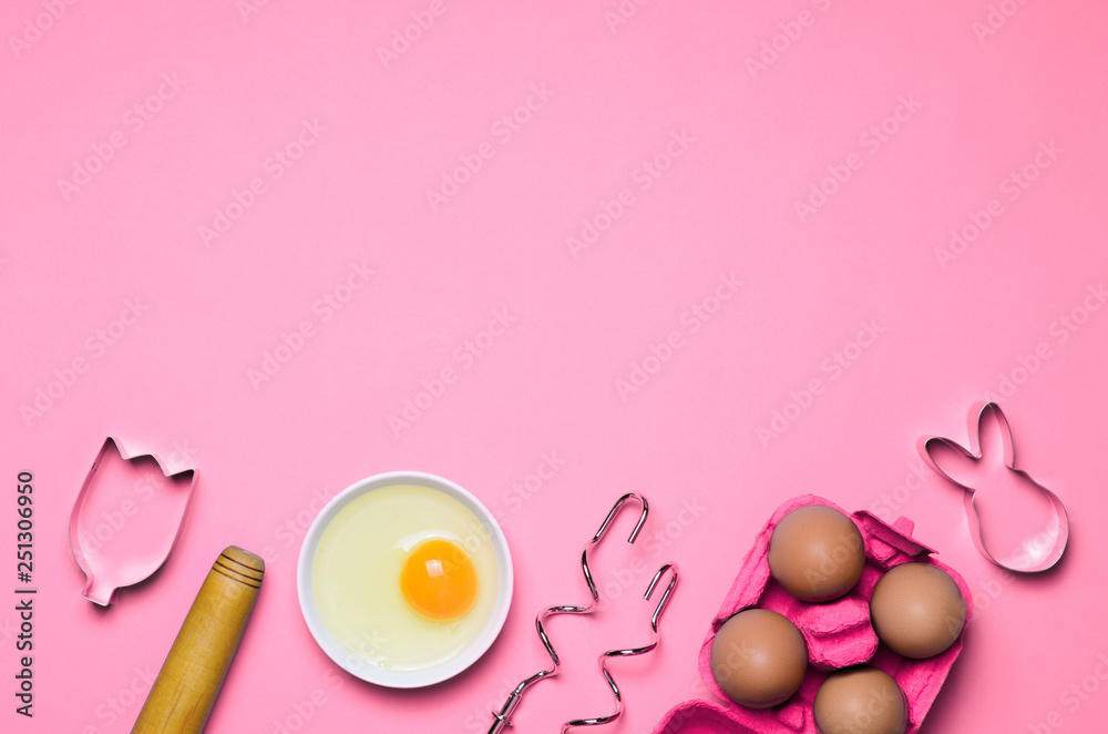 Baking Concept, Eggs, Flour, Whisk, Rolling Pin on Bright Background