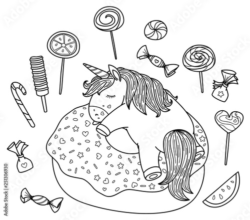 Vector cute, sleeping  unicorn on donut and sweets elements, black silhouettes for coloring.
