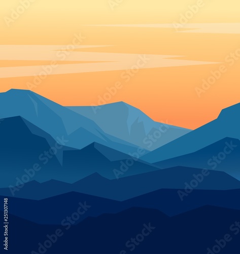 Vector landscape with blue silhouettes of mountains and orange evening sky. Huge geometric mountain range silhouettes in twilight. Vector illustration. © Makhnach