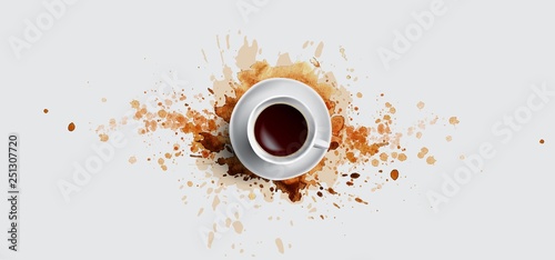 Coffee concept on white background - white coffee cup, top view with watercolor coffee splashes. Hand draw and watercolor coffee illustration with beautiful art splashes