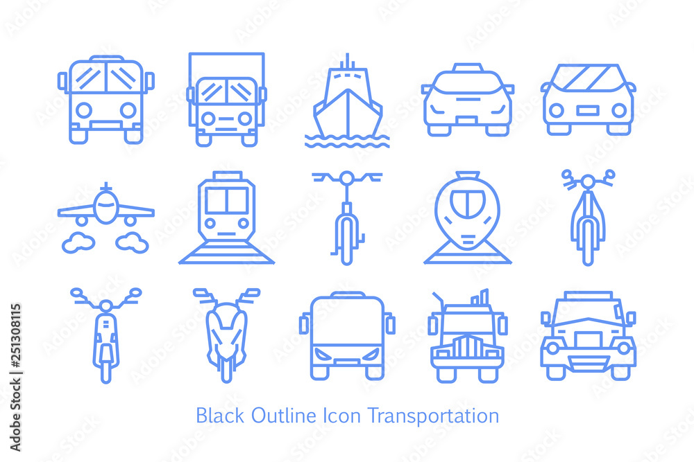 solid blue outline icon transportation set