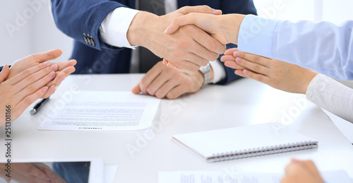 Group of business people or lawyers shaking hands finishing up a meeting   close-up. Success at negotiation and handshake concepts
