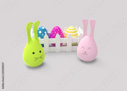 Easter bunny with eggs on light background