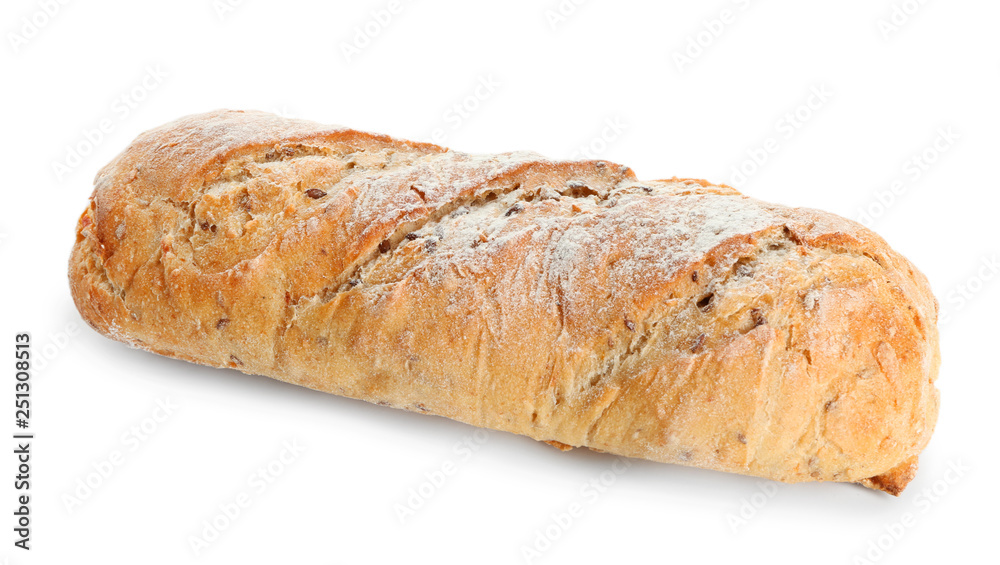 Delicious fresh bread on white background