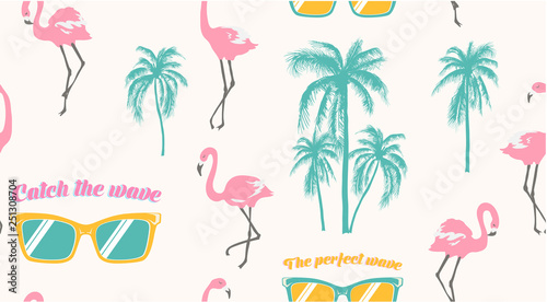 Seamless pattern with sunglasses, pink flamingo and palm trees. T-shirt print summer design for youth, teenagers.