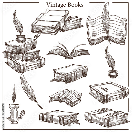 Vintage books isolated sketches feather and ink pot