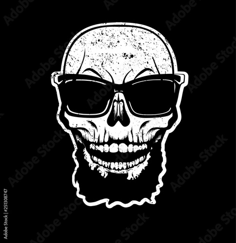 White skull with beard in sunglasses. T-shirt print, design for youth, teenagers.
