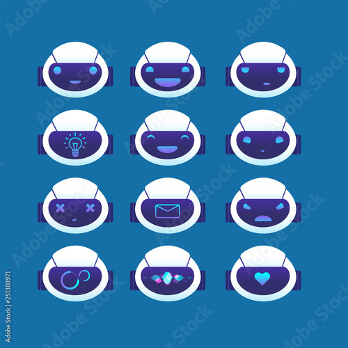 Chatbot avatar. Chat bot head with different emotions and symbols on face. Ai chatbots vector set. Illustration of chatbot and emotion bot, emoticon message communication