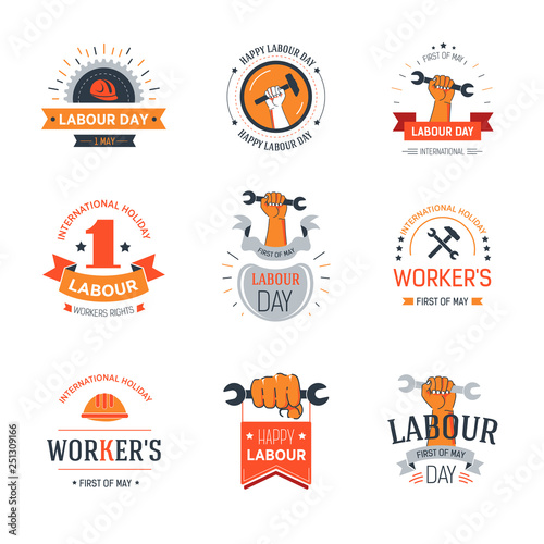 Labour day set of banners with workers and wrenches