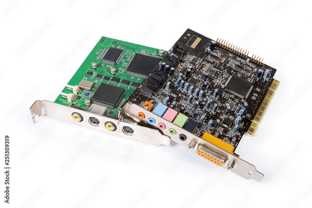 Two different internal multimedia cards for PC on white background Two different internal multimedia cards for PC on white background