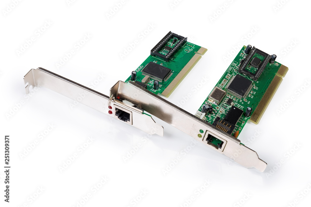 Two network interface controller cards for PC on white background Two network interface controller cards for PC on white background