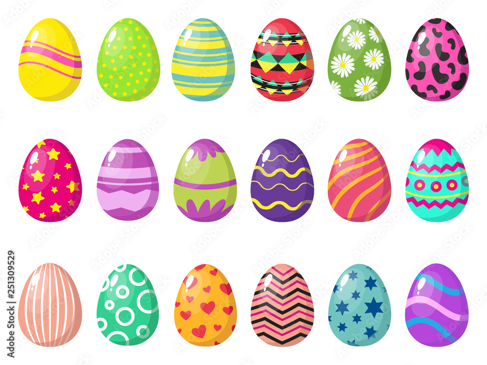 Cartoon colorful easter eggs vector with patterns isolated on white background. Easter egg pattern, different and various oval gifts illustration