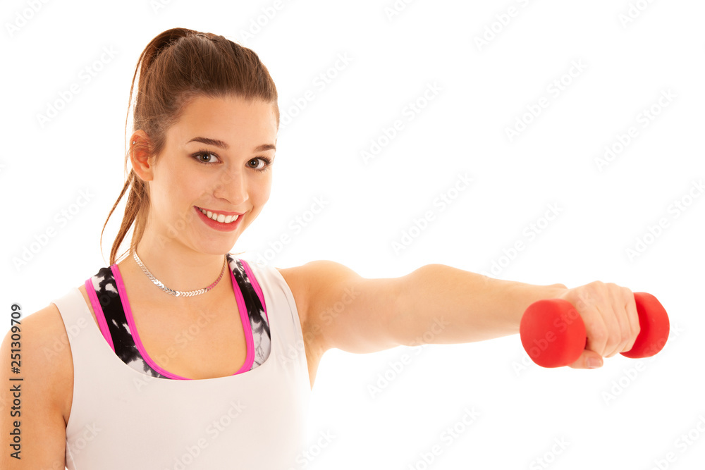 Beautiful young athlete woman workout with dumbbells isolated over white background Beautiful young athlete woman workout with dumbbells isolated over white background