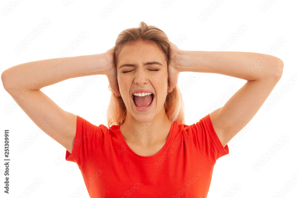 Beautiful young woman gesture dont want to hear holds hands on her ears isolated over white background Beautiful young woman gesture dont want to hear holds hands on her ears isolated over white background