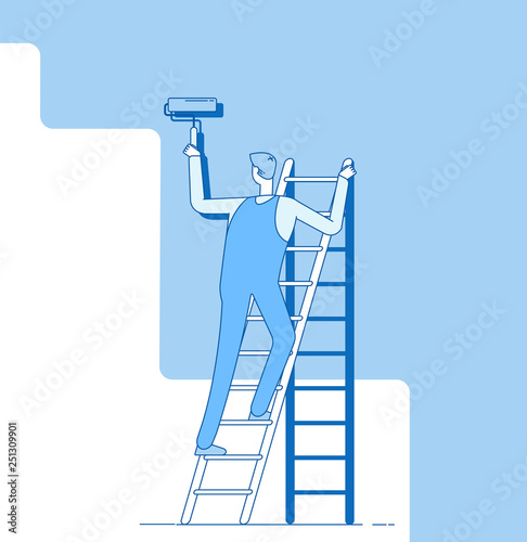 Painter painting wall. Worker on ladder, craftsman paints home walls. House repair service decoration and renovation vector concept. Worker painting wall, housepainter with roller illustration