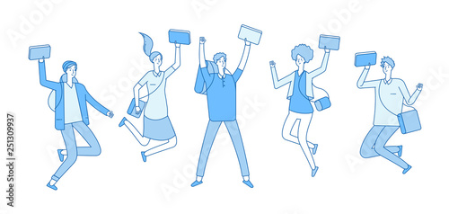 Jumping student. Young happy college students with books friends teenagers smiling in jump. Studying and education line vector concept. Illustration of school student happy jump