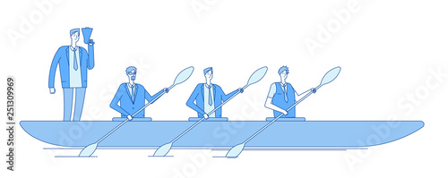 Businessman in boat. Business captain leader people team rowers rowing in waves mission vision teamwork line business vector concept. Illustration of businessman leadership, manager rowing team