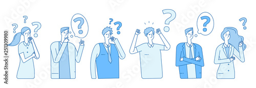 Businessmen searching solution. People hysteria problem panic emotional stress. Persons think with question marks vector concept. Illustration of business solution, businessman stress