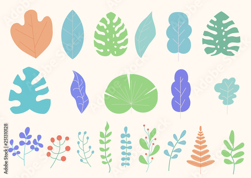 Set of Tropical Leaves  Fantasy Color Leaves Vector Illustration  Isolated on white Background. Simple Cartoon Flat Design Style.