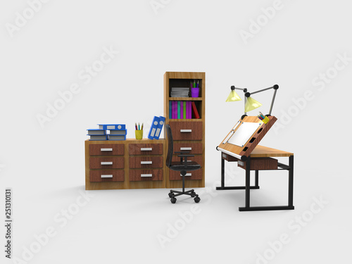 Wooden designer desk and cupboard, black office chair. Side view. Realistic 3d render illustration isolated on white