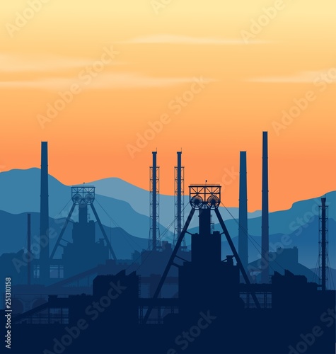 Mineral fertilizers plant over blue great mountain range at sunset. Detail vector illustration of large chemical manufacturing plant.