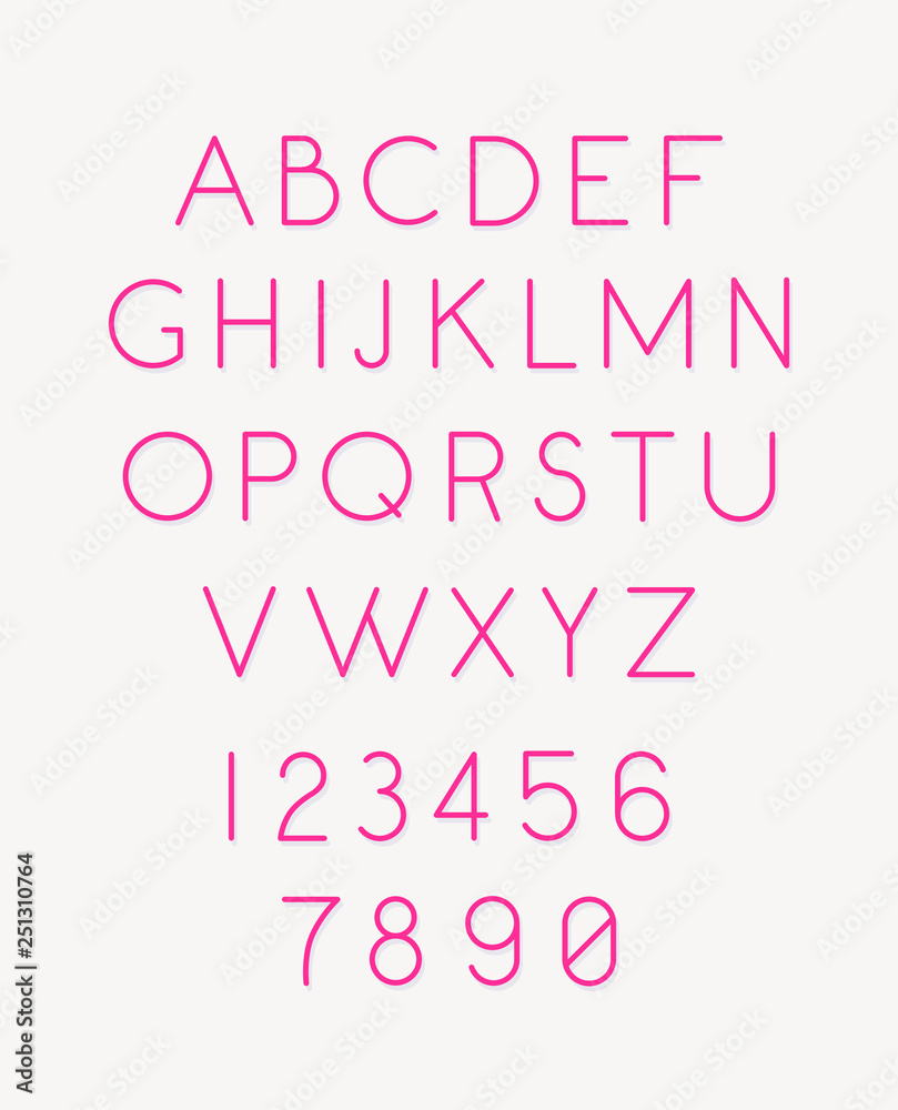 Font set of letters and numbers. Vector. Linear, thin, contour letters. Latin font. Pink glamorous letters. Women's style. All letters are separate. Complete alphabet. Modern style.