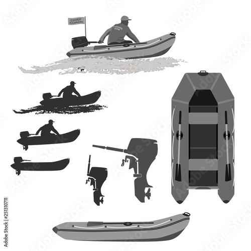 head coach of the club fishermen rides on a rubber boat with a motor. set of silhouettes. totally vector illustration