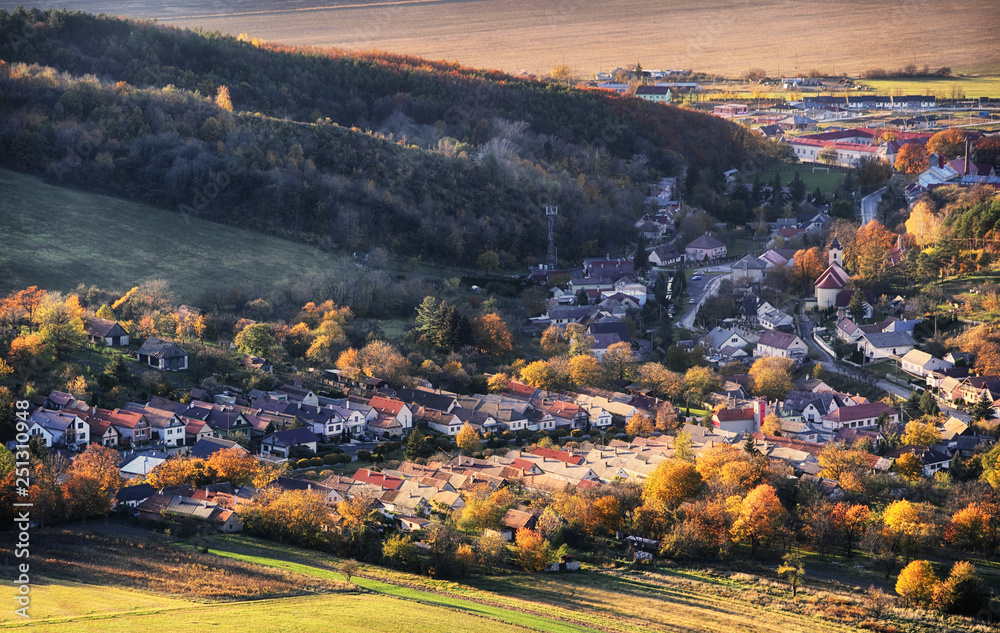 Autumn landscape with village, Slovakia - obrazy, fototapety, plakaty 