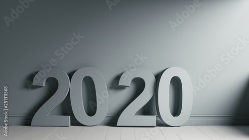 2020 Number Text Shape on Wooden Floor Against Grey Wall. 3d illustration of 2020 year. The massive number 2020 in a dark room