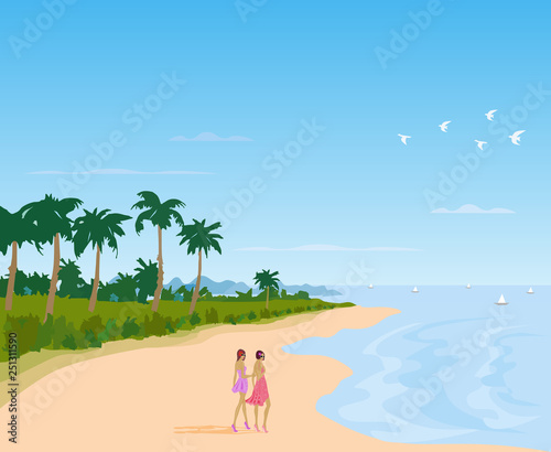 Two women in a skirt Walking on a long beach There is a lawn and sea background.